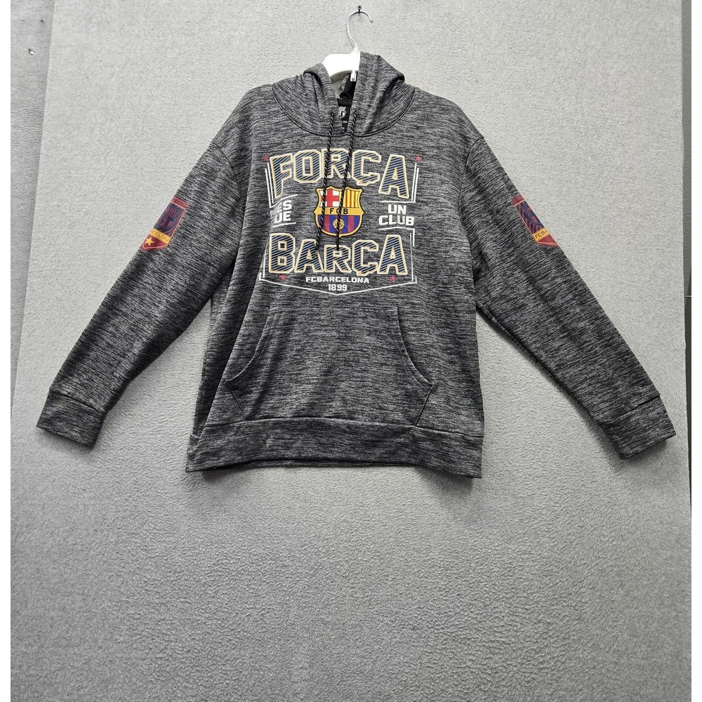 FC Barcelona Men Hoodie L Gray Fleece Team Logo Graphic Fleece Pullover READ